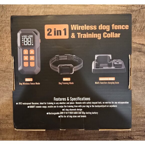 WTBFX 2 in 1 Wireless Dog Fence & Training Collar Black & Orange New, Open Box - Picture 3 of 6